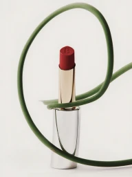 Red lipstick in a polished silver and gold case encircled by a looping green plant stem against a white backdrop.
