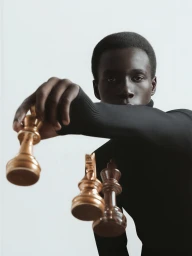 Black man wearing a black turtleneck holding gold chess pieces against a white background