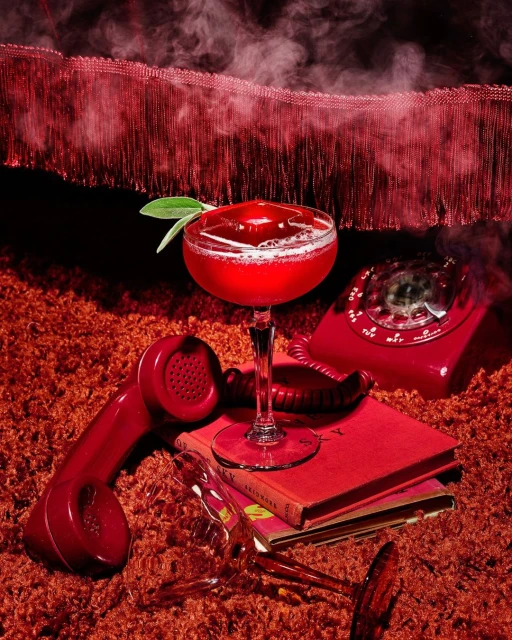 Red-themed still life: a cocktail in a coupe glass, vintage rotary phone, and books are artfully arranged on a shag carpet.