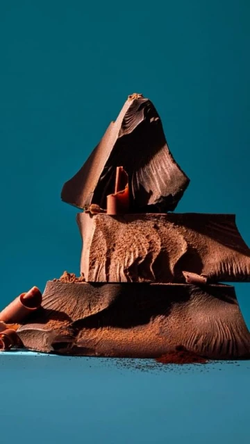 Chunks of chocolate tower on blue background. Close-up shot of confectionery pieces for dessert, candy, and food photography concepts.
