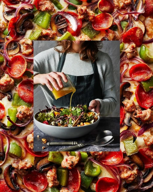 Overhead shot of a person pouring dressing on salad in a bowl. A pepperoni pizza with green peppers and mushrooms serves as a border.
