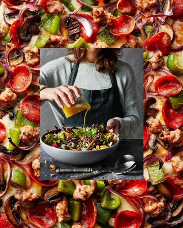 Overhead shot of a person pouring dressing on salad in a bowl. A pepperoni pizza with green peppers and mushrooms serves as a border.