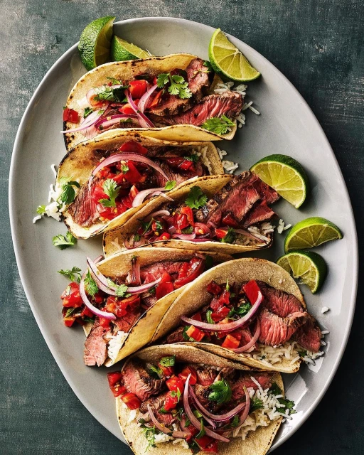 Overhead shot of appetizing steak tacos with cilantro, tomato salsa, and red onions arranged on an oval serving plate with lime wedges.