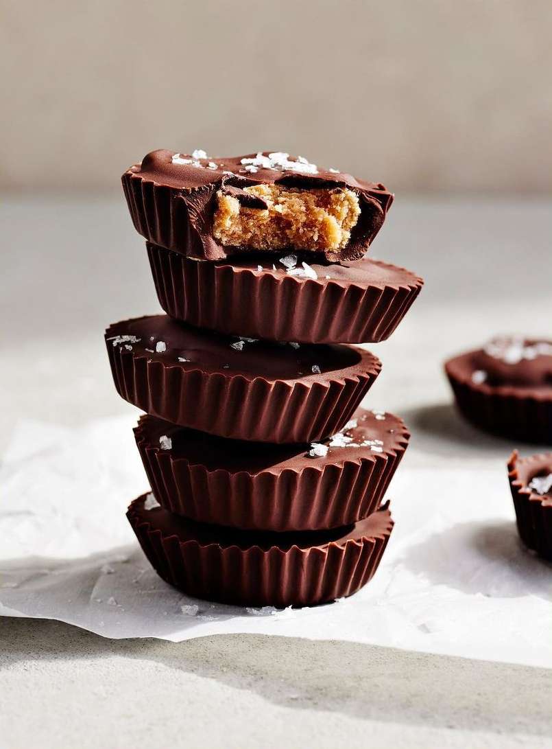 A stack of chocolate peanut butter cups topped with salt, showcasing a sweet and salty treat on a white surface against a light backdrop.