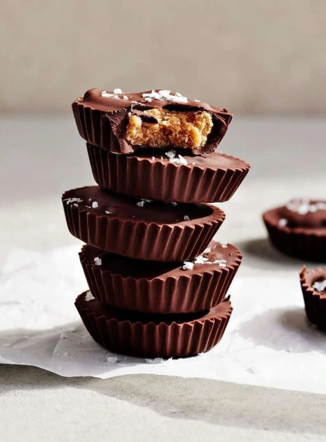 A stack of chocolate peanut butter cups topped with salt, showcasing a sweet and salty treat on a white surface against a light backdrop.
