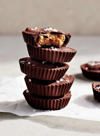A stack of chocolate peanut butter cups topped with salt, showcasing a sweet and salty treat on a white surface against a light backdrop.