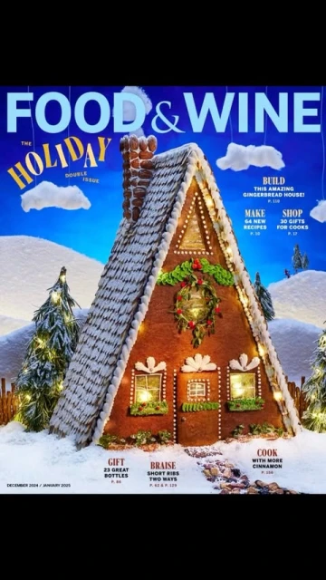 Food & Wine magazine cover featuring an elaborate gingerbread house in a snowy scene with Christmas trees and a blue background sky.