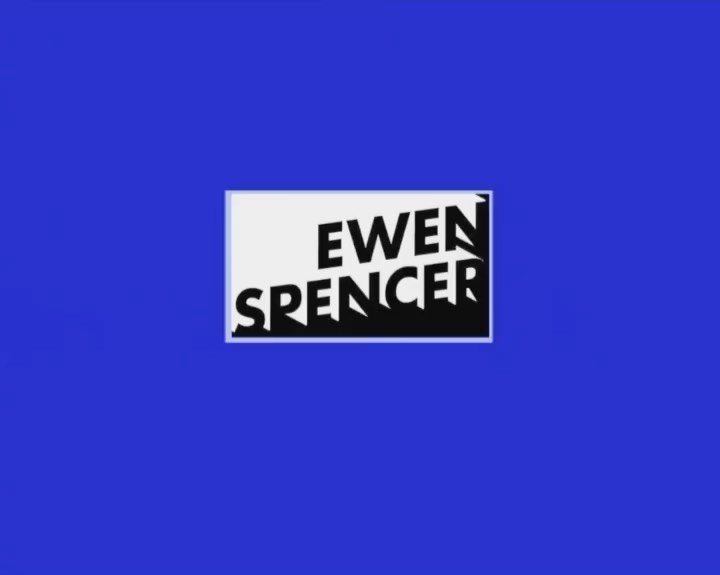 Ewen Spencer name graphic in a white rectangle against a blue background. Simple composition with bold typography and contrast.