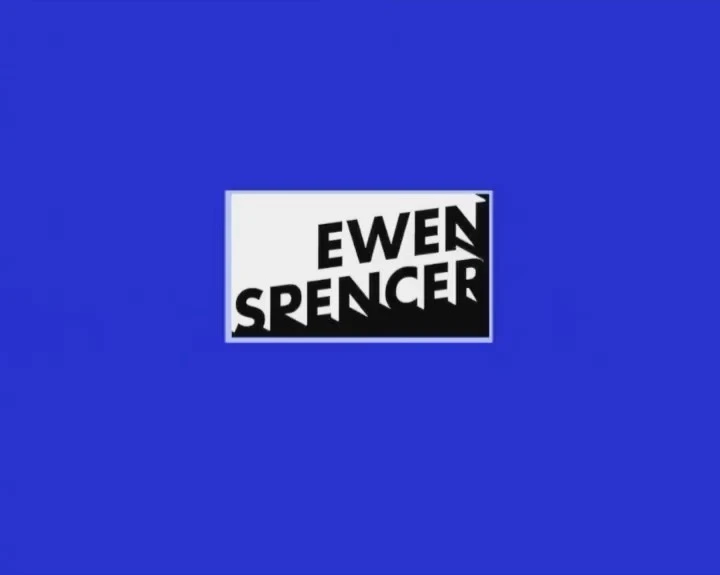 Ewen Spencer name graphic in a white rectangle against a blue background. Simple composition with bold typography and contrast.