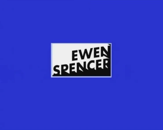 Ewen Spencer name graphic in a white rectangle against a blue background. Simple composition with bold typography and contrast.