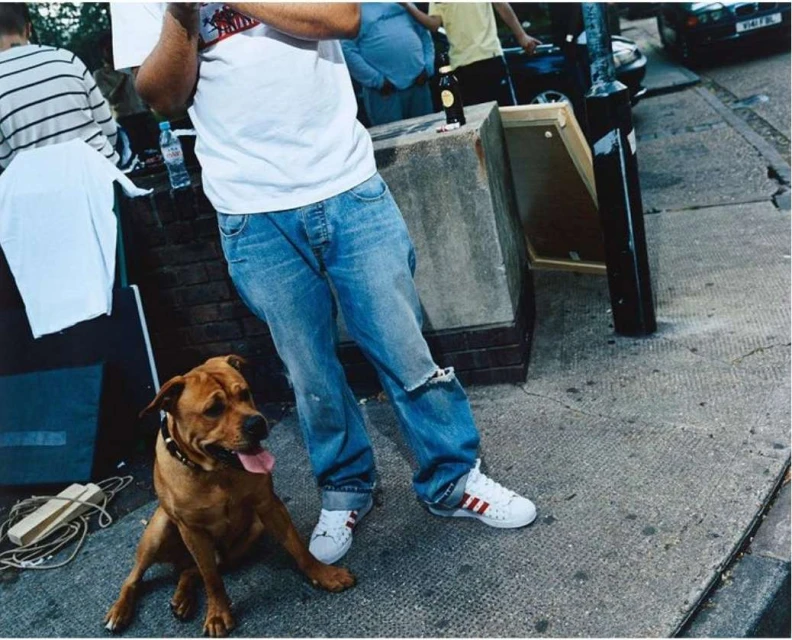 Dog sits attentively on concrete near a man in jeans and sneakers, captured outdoors with additional people and objects in the background.
