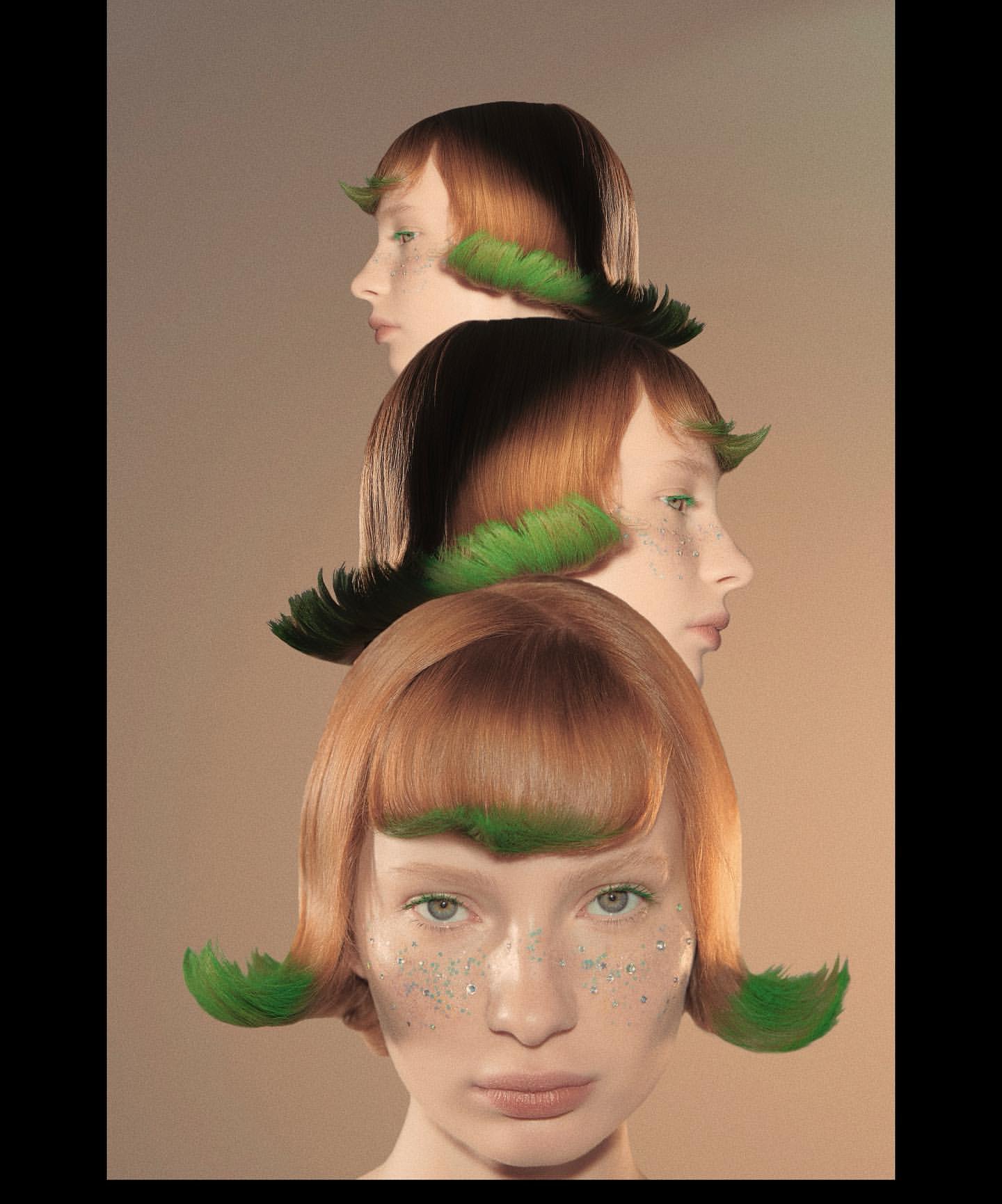Three young women with auburn hair and green accents are stacked in a striking beauty editorial shot against a neutral background.
