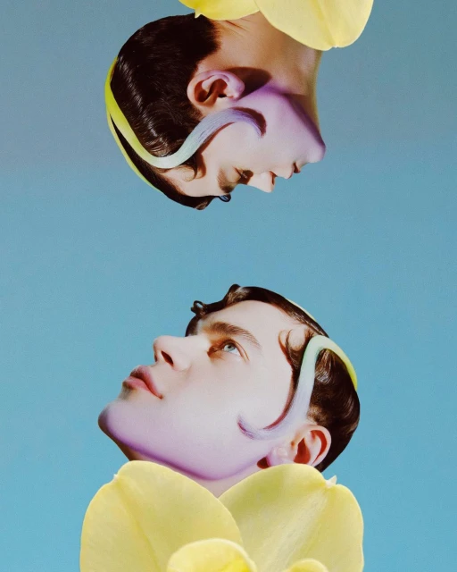 Upside-down portrait of a young adult man with fair skin, soft light, flower details, and a clean blue background in a studio setting.