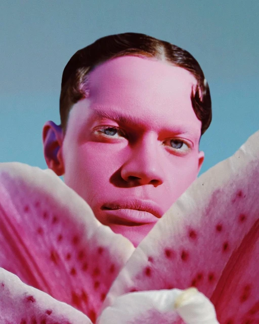 Close-up portrait of a pink-skinned adult male partially obscured by a pink lily flower against a light blue background in studio lighting.