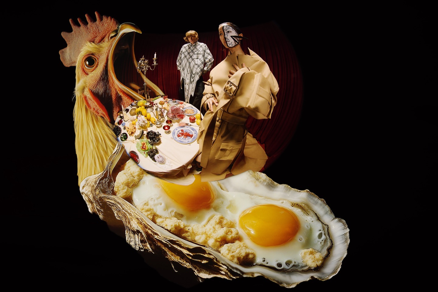 Surreal collage featuring a woman with a clock face, an open-mouthed rooster, and a platter of food over a pair of fried eggs.
