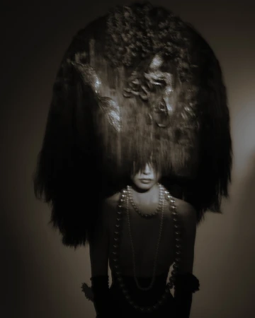 Portrait of a model wearing a large dark textured headdress and layered pearl necklaces photographed by Eylul Ezik