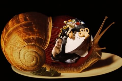 Surreal image of a large snail on a plate with an Asian woman inside the shell with ornate hair and decorative elements.