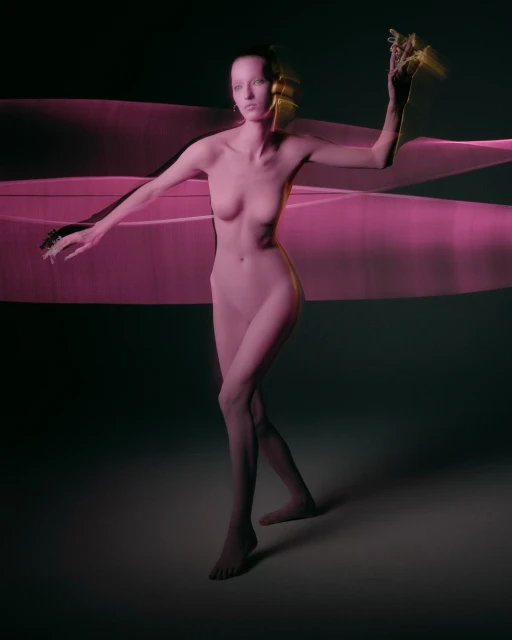 A nude woman stands in a studio with dynamic pink light painting for a visually striking effect, captured in a studio setting.