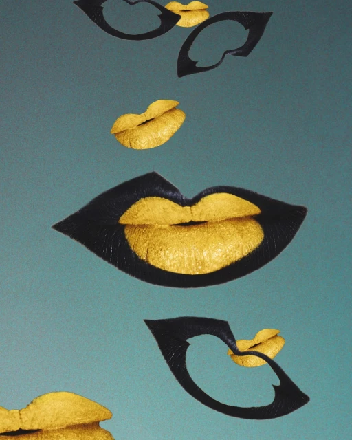 Floating gold lipstick art with black outlines on a teal background creating a bold makeup and beauty concept for visual appeal.