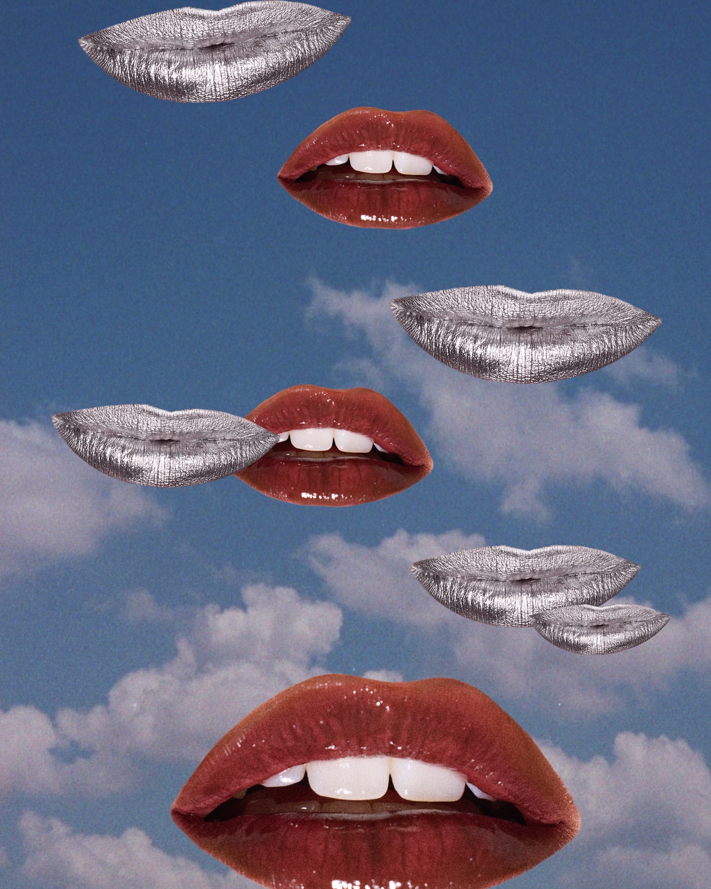 Surreal image of floating lips against a cloudy sky, featuring both silver and red glossy lips in an artistic arrangement.