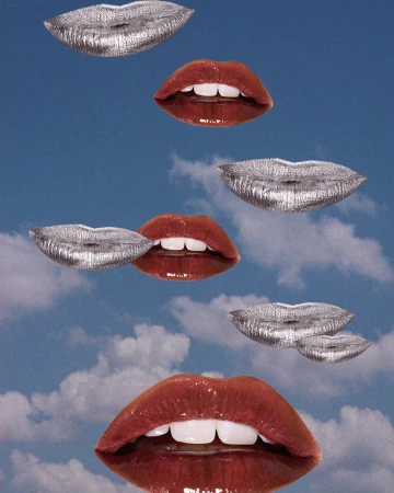 Surreal image of floating lips against a cloudy sky, featuring both silver and red glossy lips in an artistic arrangement.