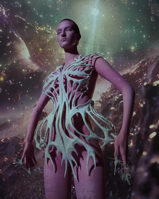 Woman in avant-garde fashion poses against a vibrant galaxy backdrop. Pale skin, unique silhouette dress, ethereal lighting, cosmos-inspired scene.