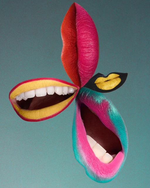 Abstract beauty shot of four pairs of lips painted in red, pink, yellow, and blue, creatively arranged on a teal background.