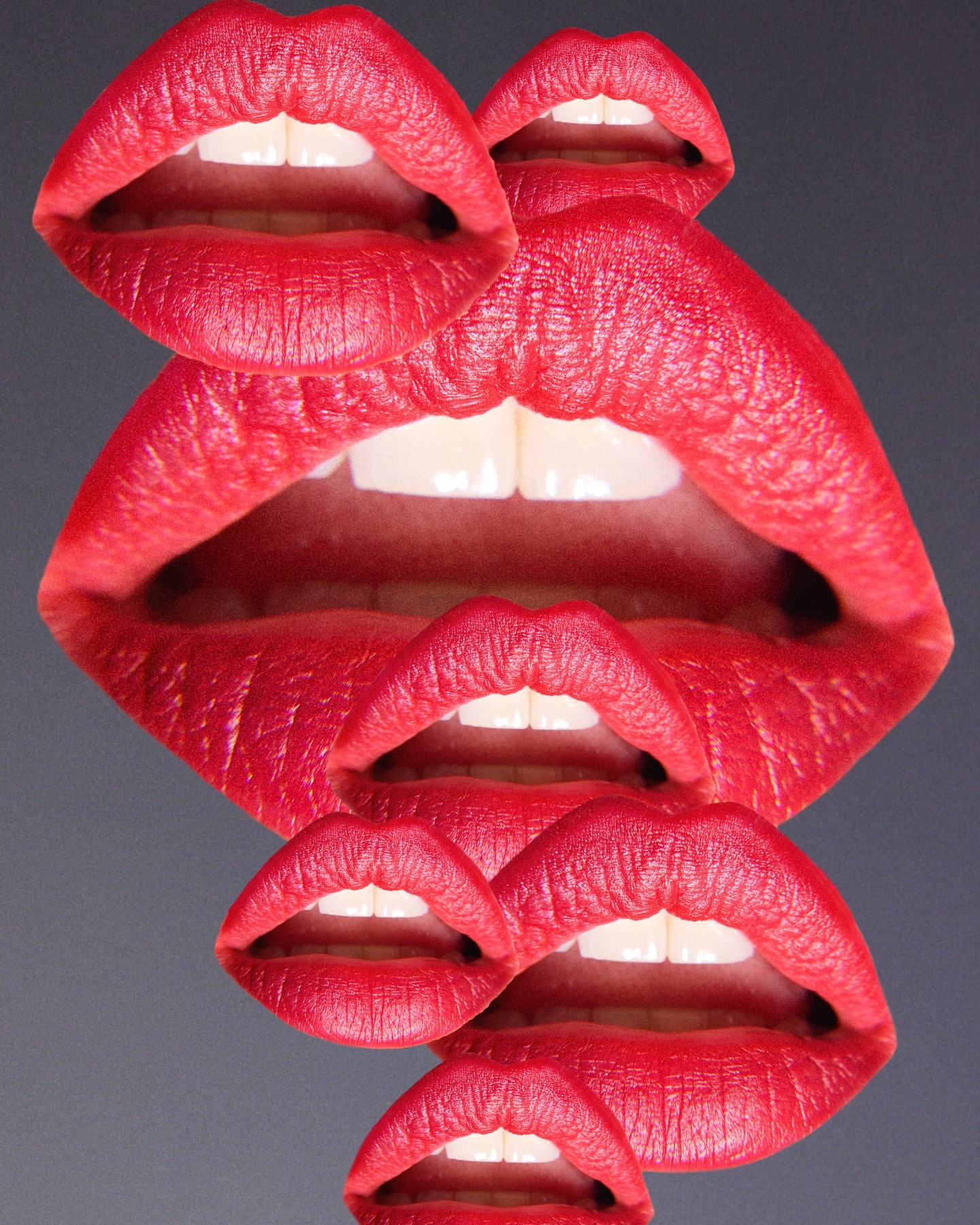 Collage of digitally-manipulated mouths with red lipstick and white teeth arranged in a cascade against a grey background.
