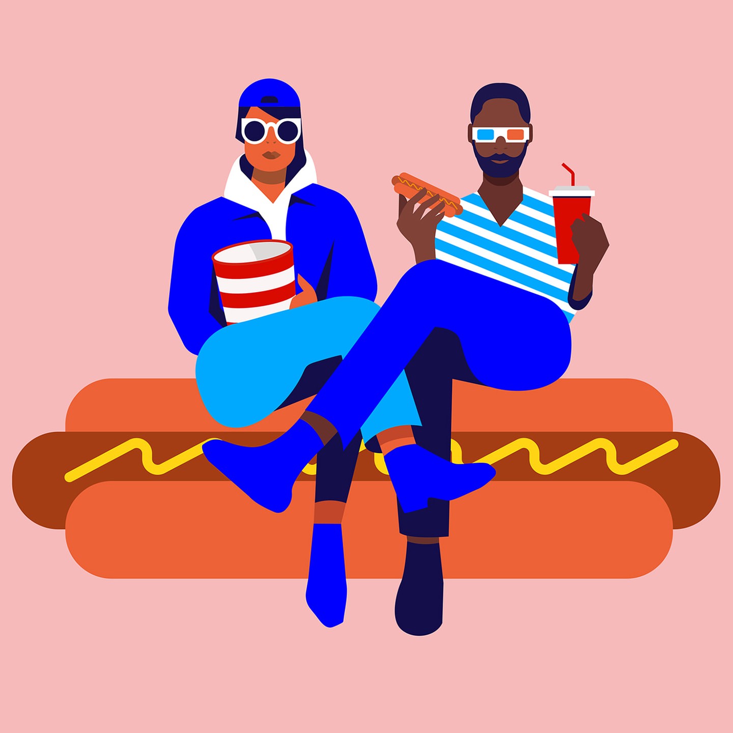 Illustration of a couple sitting on a hot dog, enjoying snacks and drinks with 3D glasses. Cartoon style, vector graphics, food theme.
