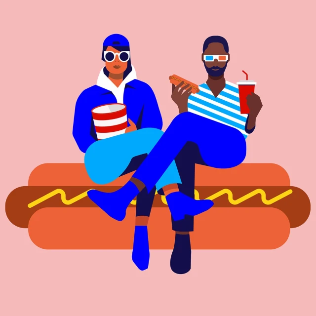 Illustration of a couple sitting on a hot dog, enjoying snacks and drinks with 3D glasses. Cartoon style, vector graphics, food theme.