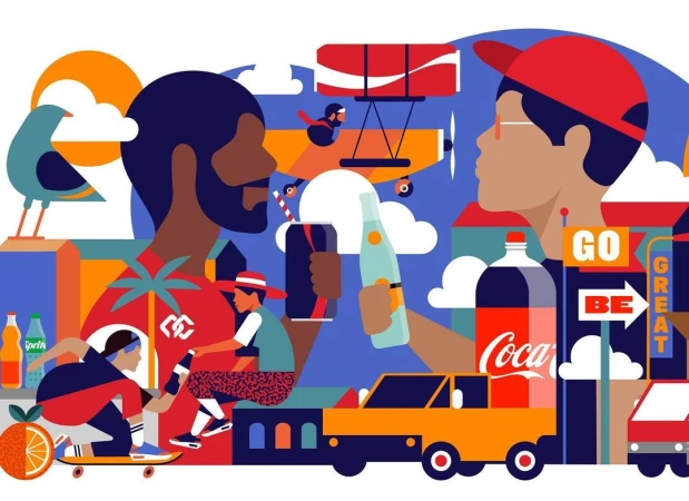 Illustration of people interacting with brands, including a person skateboarding, another in a plane, and others enjoying beverages.