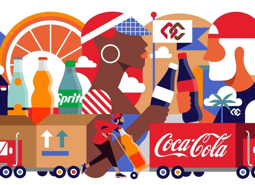 Illustration of diverse people with Coca-Cola and Sprite bottles, plus a delivery truck, creating a vibrant and refreshing scene.