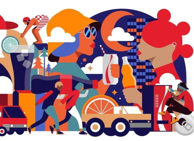 Vibrant vector illustration of people in city settings, featuring orange drinks, cars, buildings, and outdoor activities in colorful modern design.