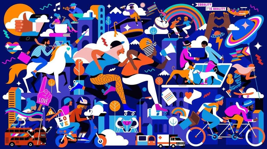 Illustration of people participating in various activities such as running, riding a scooter, and playing music against a cityscape backdrop.