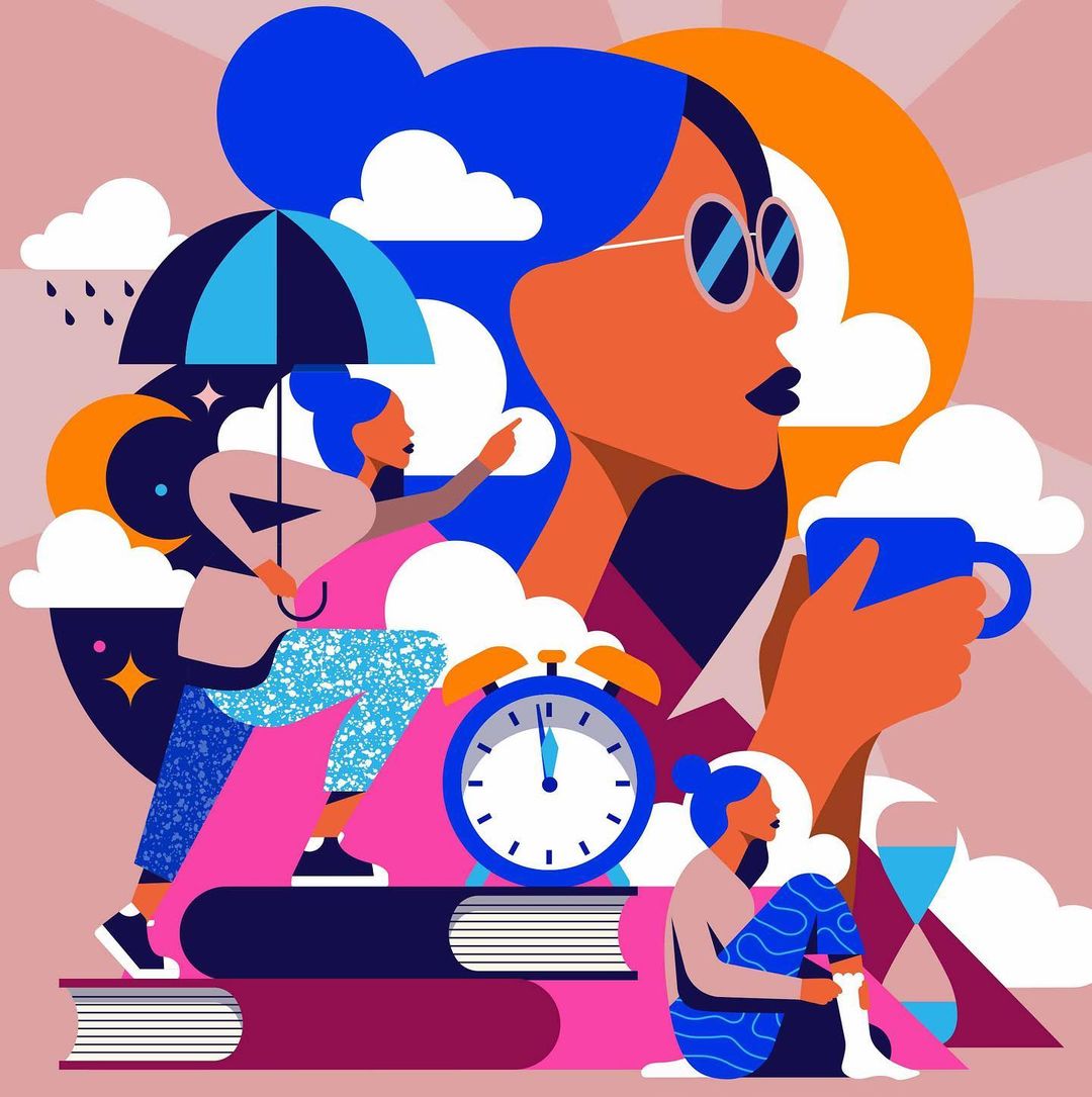 Whimsical vector art features a profile of a woman, a figure walking with an umbrella, and a person sitting with an hourglass nearby.
