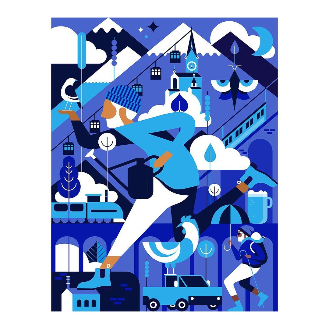 Stylized digital artwork features a person running against a blue backdrop with mountains, trains, vehicles, and other characters.