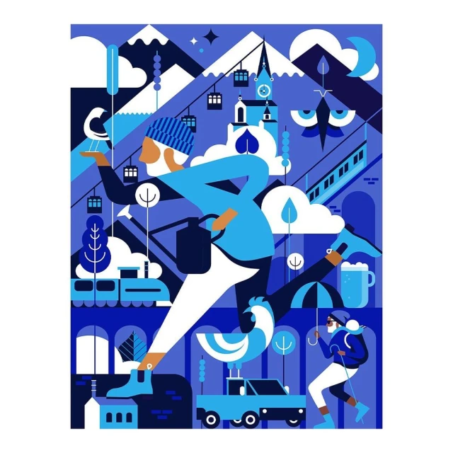Stylized digital artwork features a person running against a blue backdrop with mountains, trains, vehicles, and other characters.