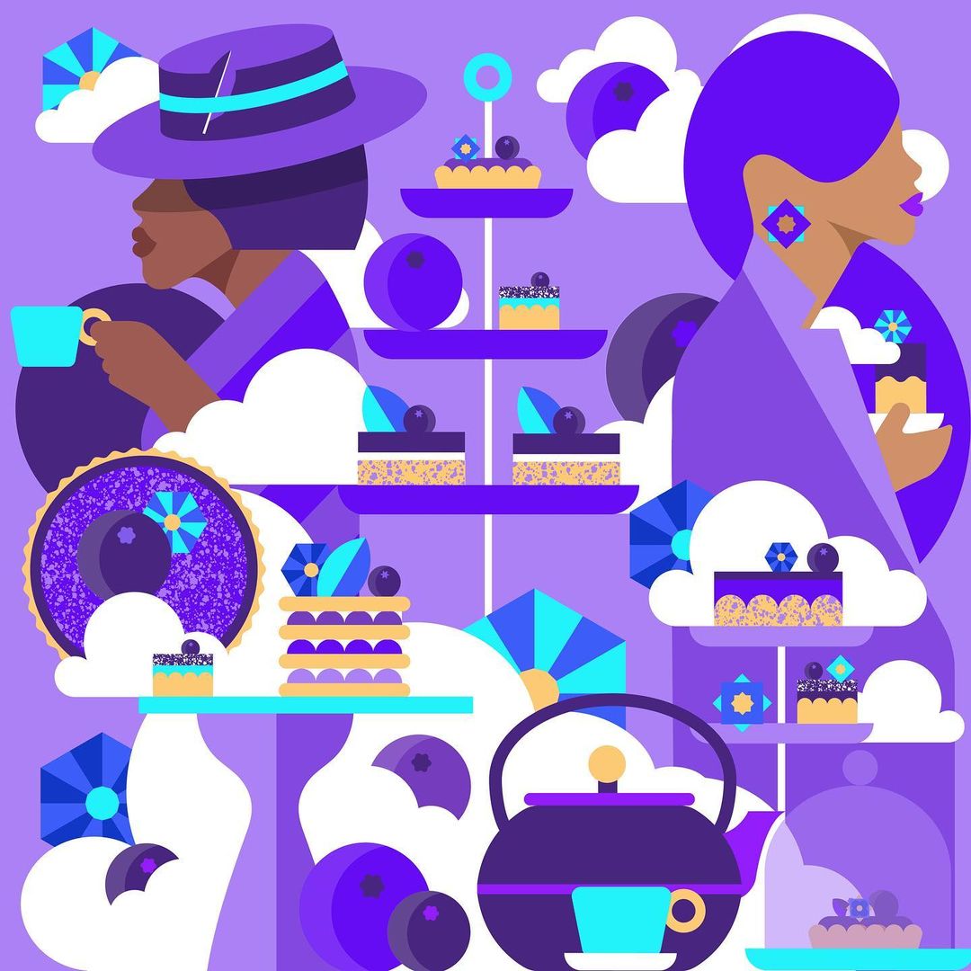Illustration of two women having tea with stylized cakes, teaware, clouds, and blueberry motifs in shades of purple and teal.