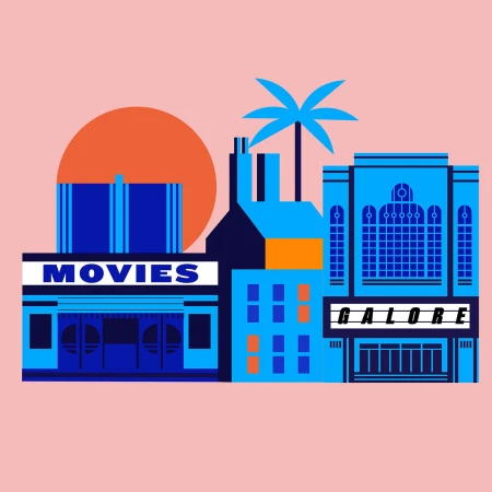 Illustration of a city street with movie theaters against a pink background with a large orange sun and a palm tree.