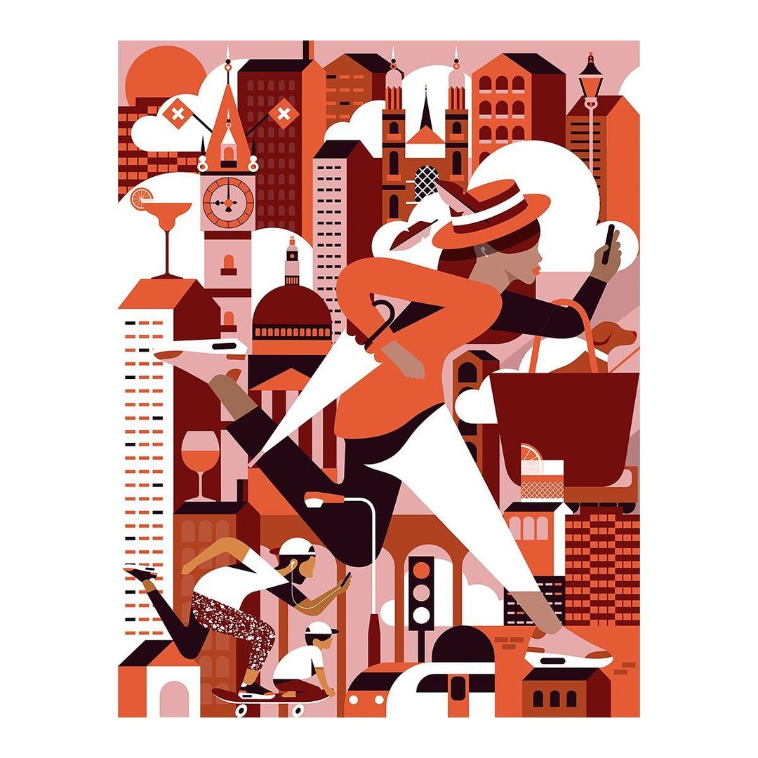 Illustration of a woman in orange running through a city, holding a phone and bag, with skateboarders and architectural elements.