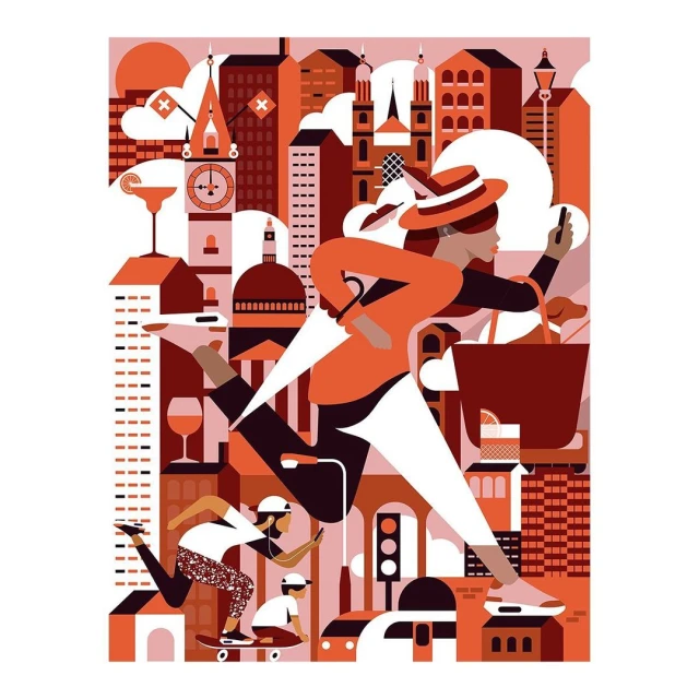 Illustration of a woman in orange running through a city, holding a phone and bag, with skateboarders and architectural elements.