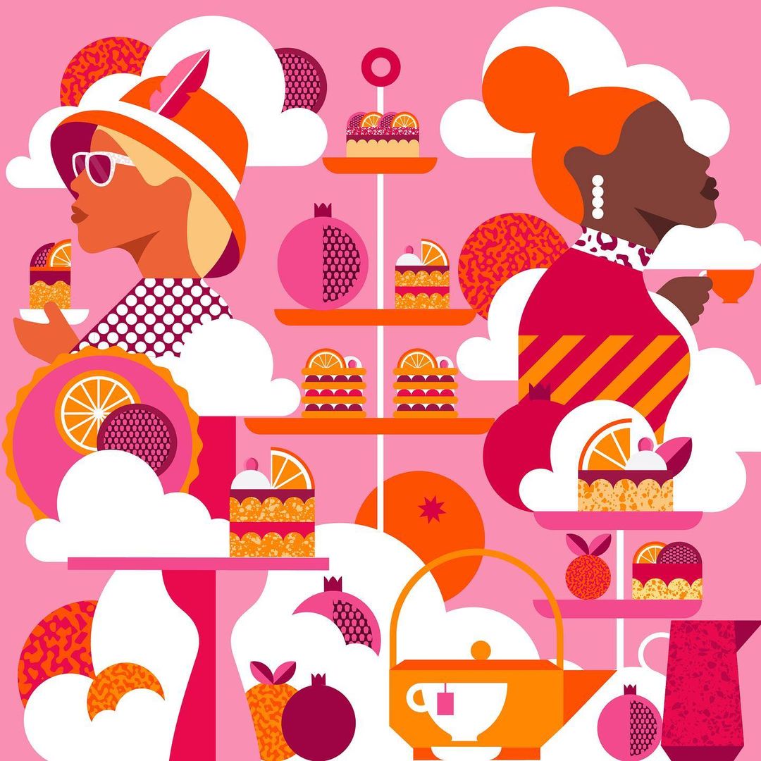 Illustration of two women in profile enjoying tea and cakes on a tiered stand in a pink and orange geometric setting with clouds.