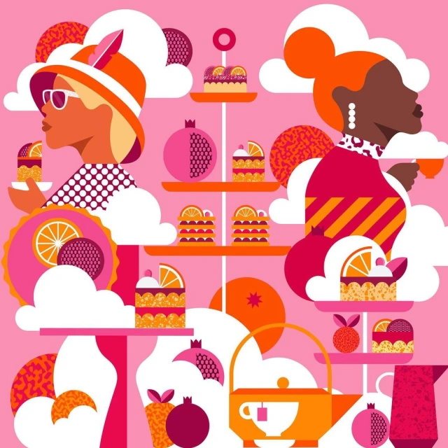 Illustration of two women in profile enjoying tea and cakes on a tiered stand in a pink and orange geometric setting with clouds.