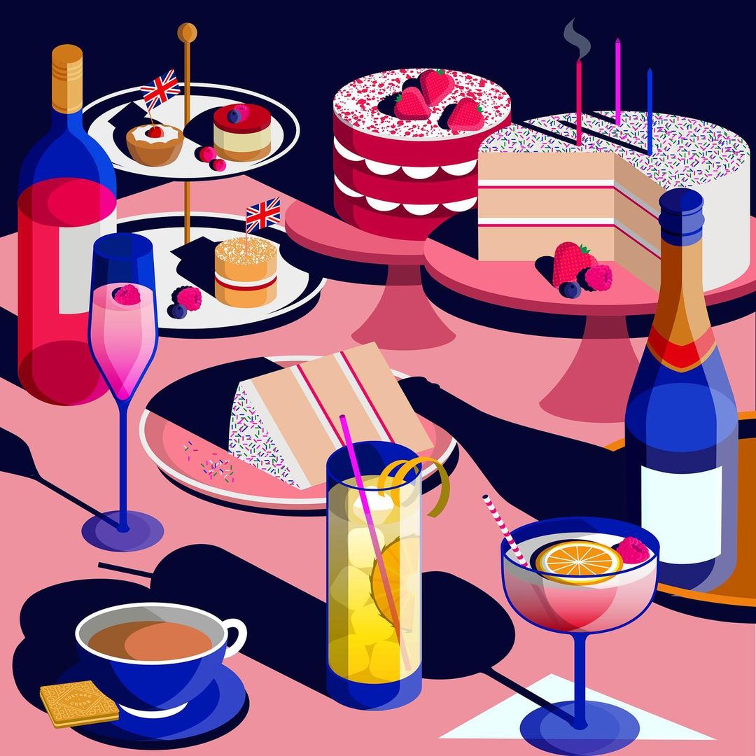 Illustration of celebration table with cakes, champagne and cocktails. Food and drinks are arranged on a pink tablecloth.