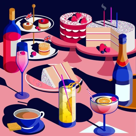 Illustration of celebration table with cakes, champagne and cocktails. Food and drinks are arranged on a pink tablecloth.