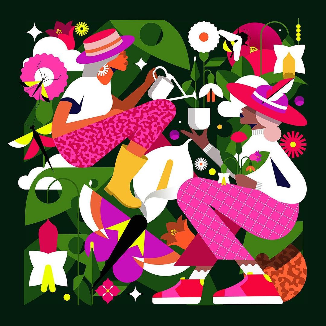 Illustration of two women tending a garden with stylized plants and flowers against a dark green background.