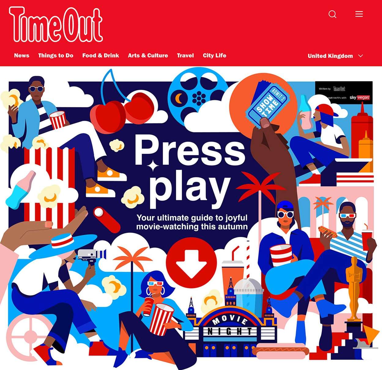 Time Out magazine cover illustration promoting movie-watching with stylized figures, popcorn, tickets, film reel, and a theater marquee.