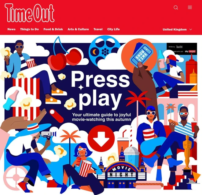 Time Out magazine cover illustration promoting movie-watching with stylized figures, popcorn, tickets, film reel, and a theater marquee.