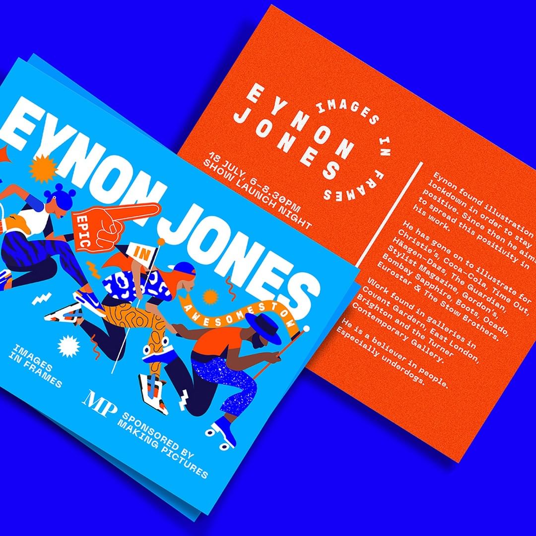 Eye-level view of two advertising flyers. One features illustrated figures in blue and orange. The other is orange and text-based.