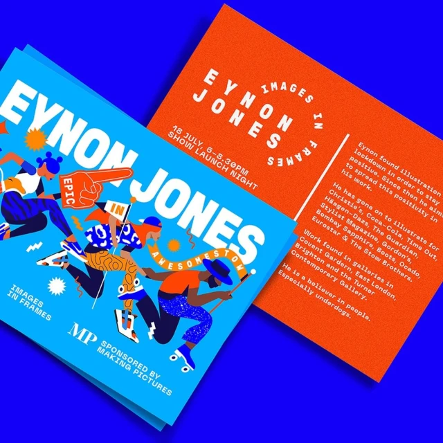 Eye-level view of two advertising flyers. One features illustrated figures in blue and orange. The other is orange and text-based.